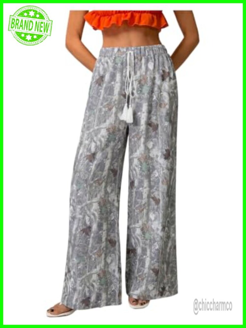 Boho Floral Wide Leg Drawstring Pants Trousers